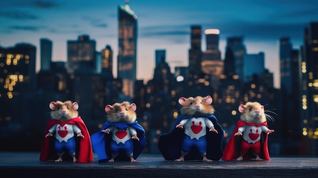 Photo a group of mice dressed up as superheros generative ai image