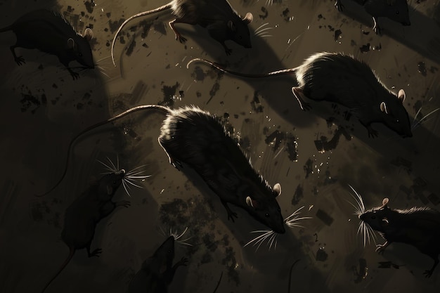 Группа мышей бежит по грязному полу, оставляя после себя крошечные следы.