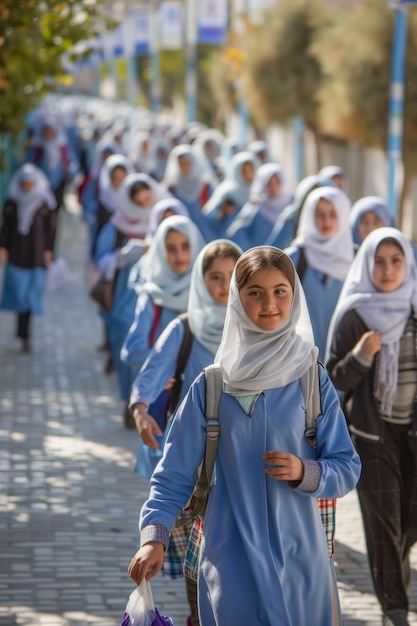 중동 학생 들 의 한 집단 이 학교 로 간다