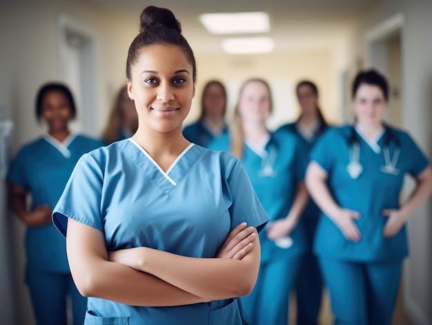 Group of midwives in a hospital maternity with pregnant woman