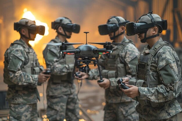 A group of military operators in virtual reality glasses control a quadcopter Modern military weapons