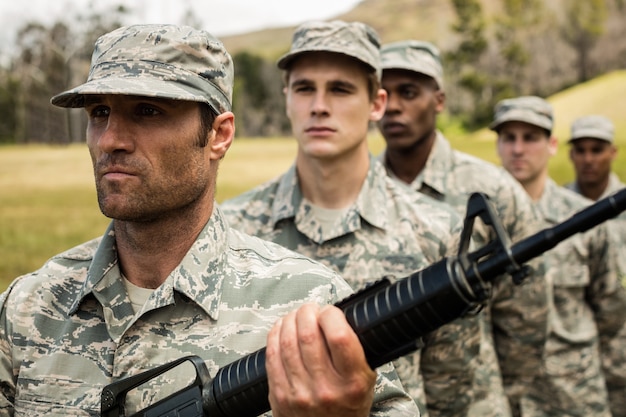 Group of military soldiers standing in line