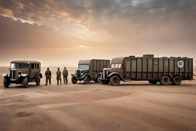 Группа военных машин стоит на фоне заката.