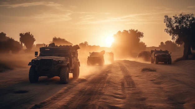 A group of military vehicles drive down a dusty road Al generated