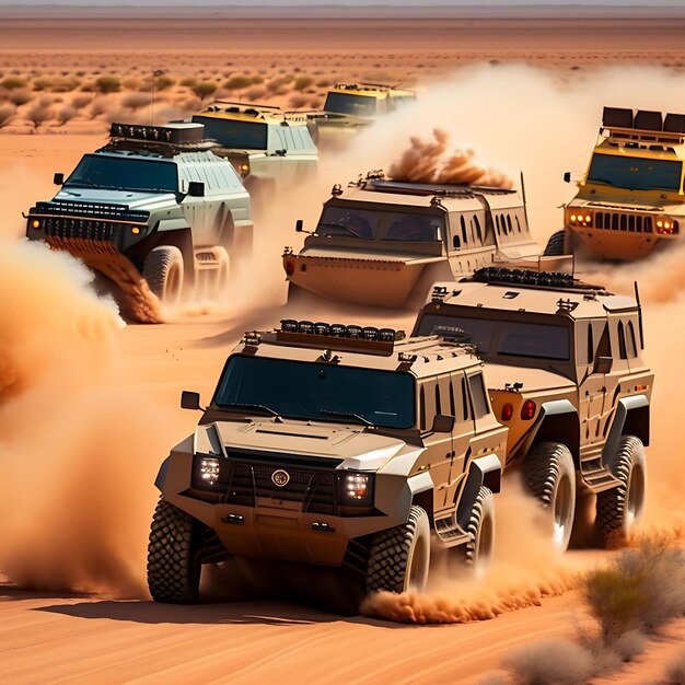 A group of military vehicles drive down a dusty road