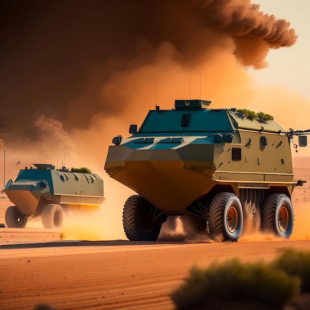 A group of military vehicles drive down a dusty road