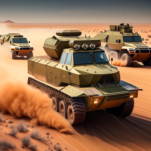 A group of military vehicles drive down a dusty road