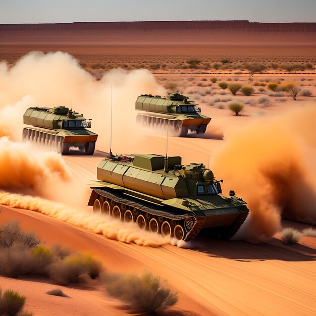 A group of military vehicles drive down a dusty road