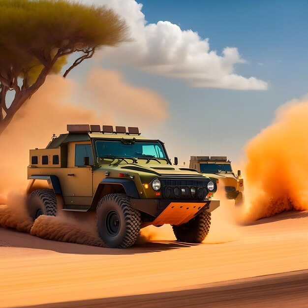 A group of military vehicles drive down a dusty road