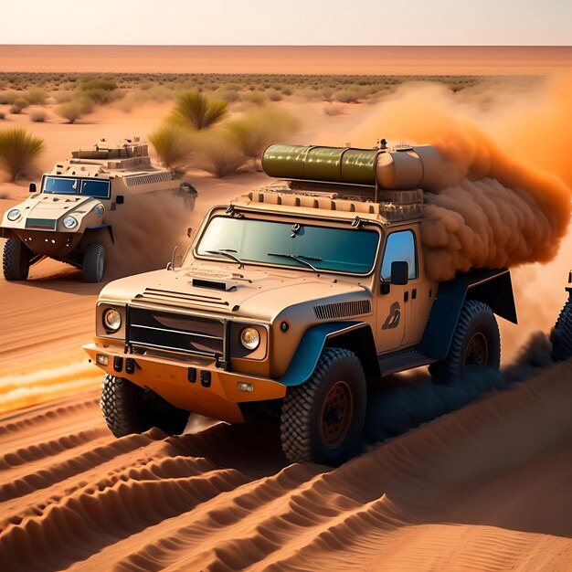 A group of military vehicles drive down a dusty road