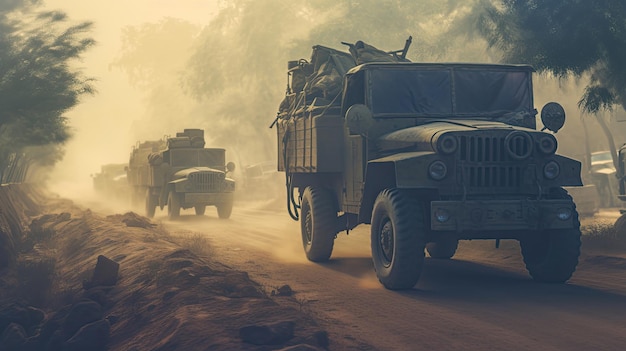 軍用車両のグループが塵の多い道路を運転している
