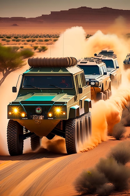 A group of military vehicles drive down a dusty road