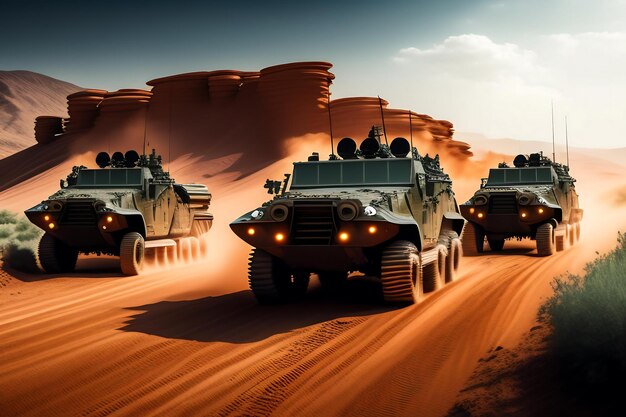 A group of military vehicles drive down a dusty road