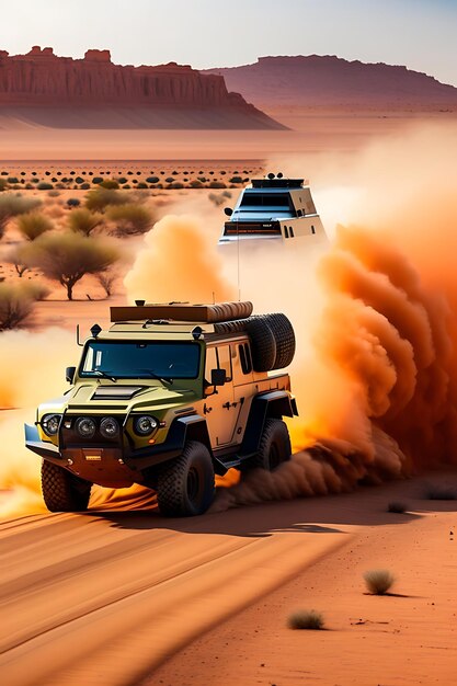 A group of military vehicles drive down a dusty road