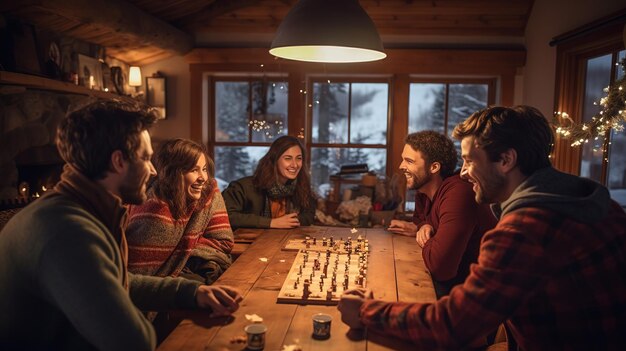 A group of millennial friends enjoys board games at a cozy cottage in winter reflecting warmth