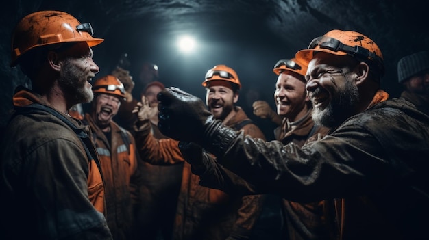 鉱夫のグループが 暗い地下トンネルで 協力し合って働いています