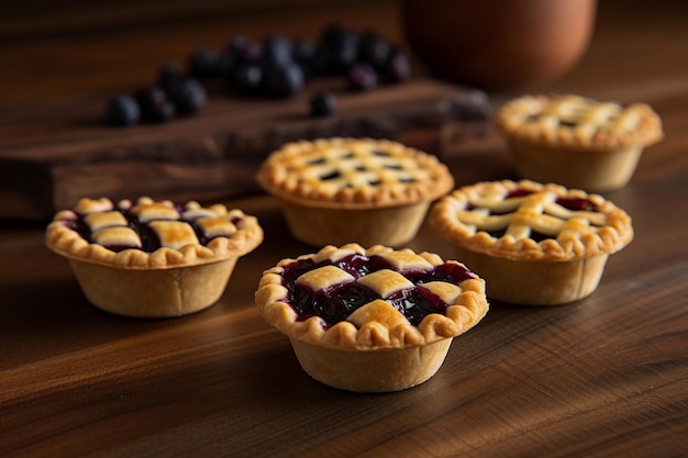 A group of mini blueberry pies sit on a table.