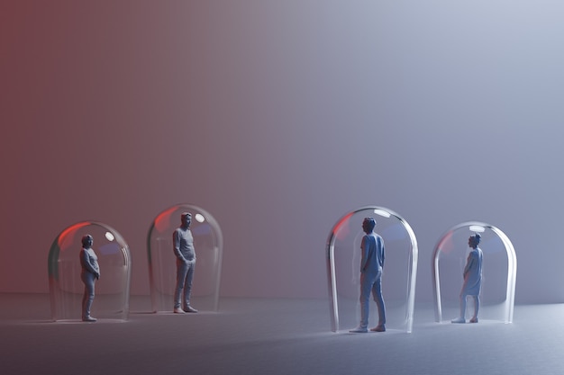 Group of miniature people with distance between them, arrows drawn on floor between figurines 3d render