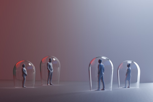 group of miniature people with distance between them, arrows drawn on floor between figurines 3d render