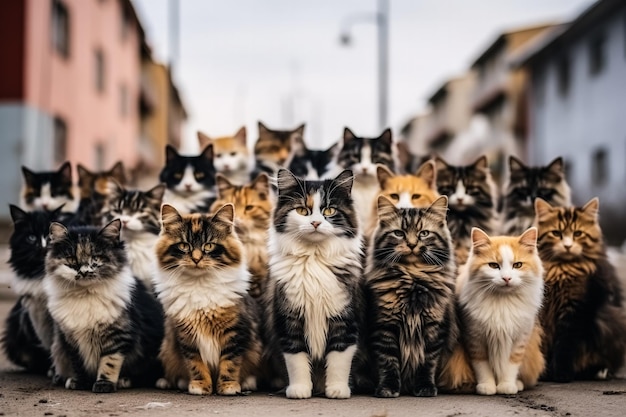 Foto gruppo di gatti senza casa misti in attesa di alimentazione
