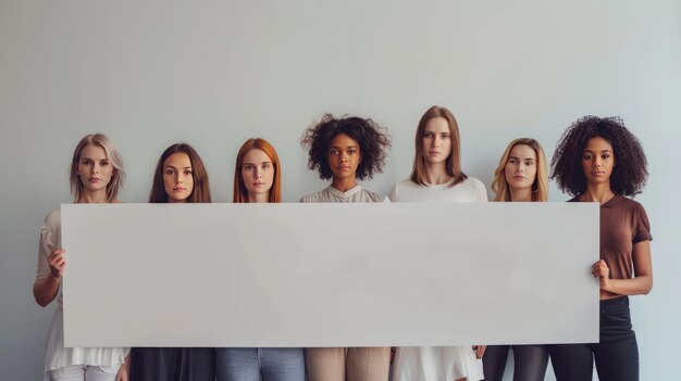 Foto un gruppo di donne d'affari moderne tiene in mano un grande poster bianco vuoto