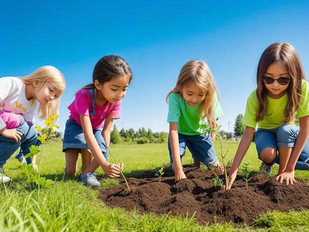 A group of modern kids in bright colors planting a sapling in a sundrenched meadow ai generated