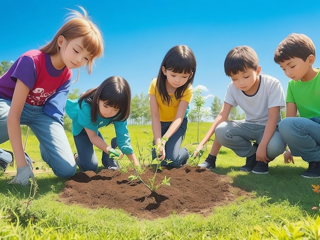 A group of modern kids in bright colors planting a sapling in a sundrenched meadow