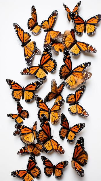 a group of monarch butterflies that are on a white background
