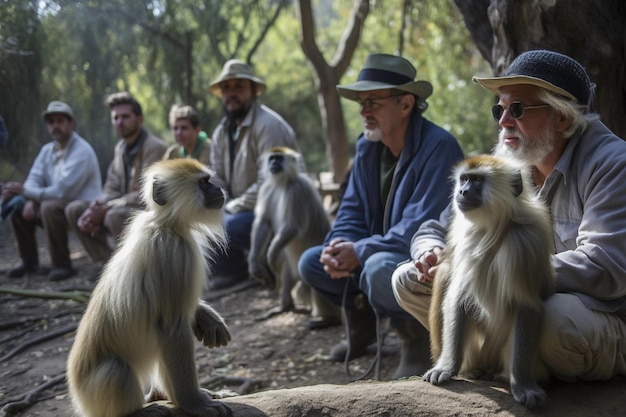 A group of monkeys are gathered around a man in a hat and a hat.