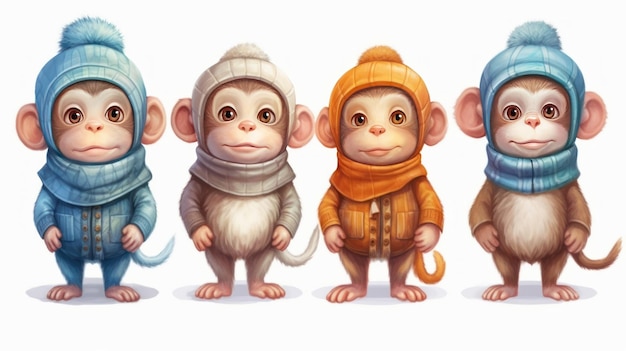 A group of monkeys in different outfits