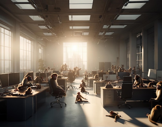 Photo group of monkeys making a mess in business office