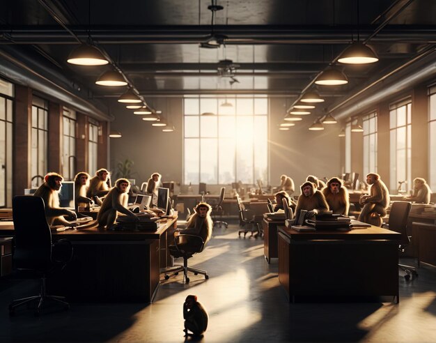 Photo group of monkeys making a mess in business office