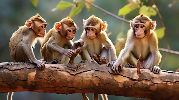 A group of monkeys on a tree branch