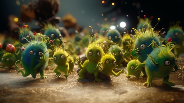 Foto un gruppo di mostri con capelli verdi e blu e occhi verdi è in piedi in un gruppo.