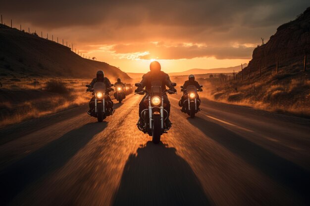 Foto gruppo di motociclisti che viaggiano insieme al tramonto