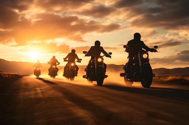 Photo group of motorcycle riders riding toghether at sunset