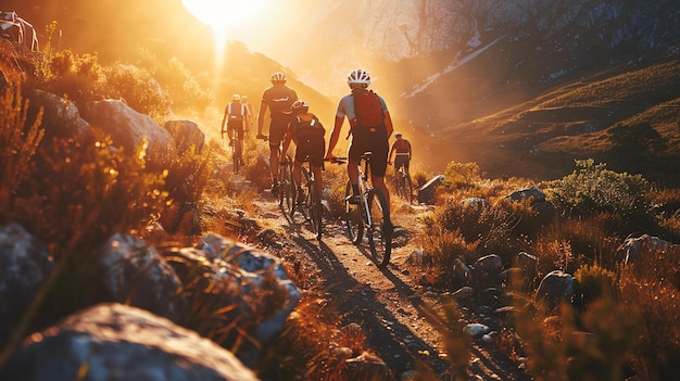 A group of mountain bikers ride along a rocky trail in the mountains The sun is setting and the sky is a warm golden orange