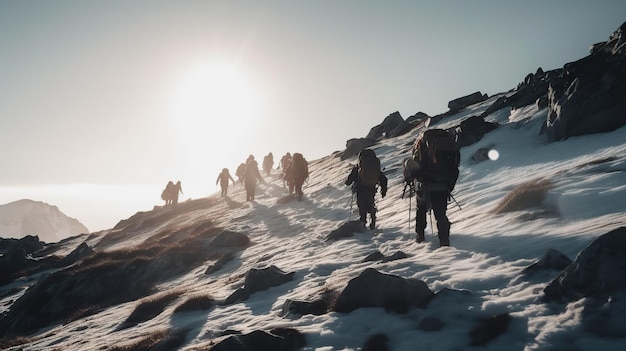 AIが生成した冬の登山者のグループ