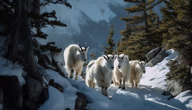 A group of mountain goats stand in the snow.