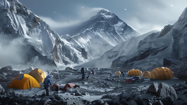 A group of mountaineers are camping on a glacier high in the Himalayas The rugged peaks of the mountains are covered in snow and ice