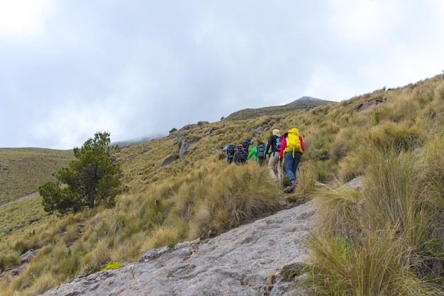 A group of mountaineers climbs to the top of a mountain