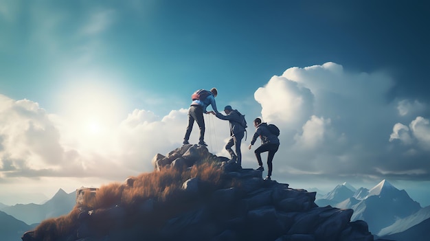 Photo a group of mountaineers reach the summit of a mountain