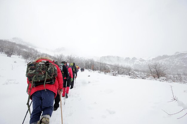 Foto gruppo di alpinisti che camminano attraverso le montagne coperte di nevexaxa