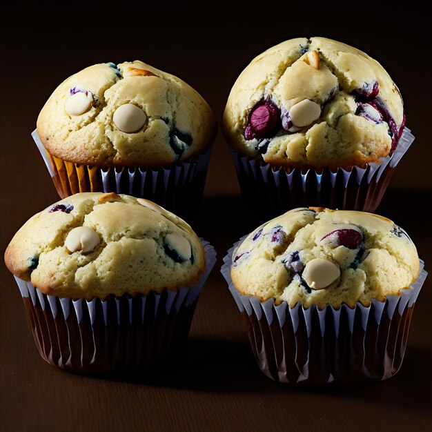 A group of muffins with blueberries on them