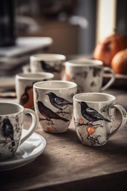 A group of mugs with birds on them sit on a table.