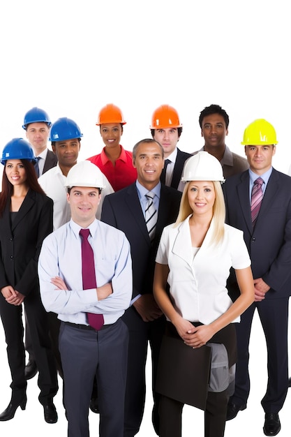 Группа многорасовых мужчин и женщин в смоле и рабочем шлеме улыбается на белом фоне