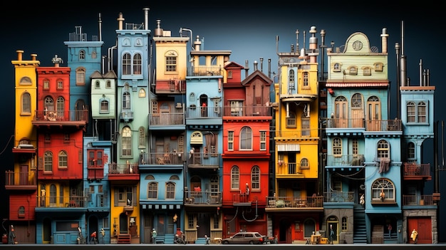 Group of multicolored buildings with car parked in front of them Generative AI