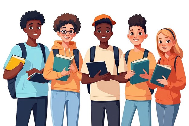 Group of multicultural students flat vector illustration