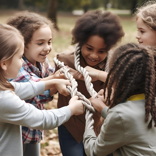 Photo group of multiethnic children playing tug of war in the park