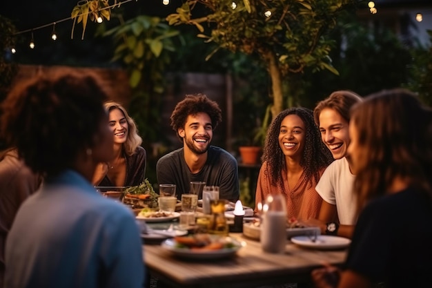 서로 즐겁게 소통하고 야외 저녁 식사를 하는 다민족 다양한 사람들의 그룹 Generative AI